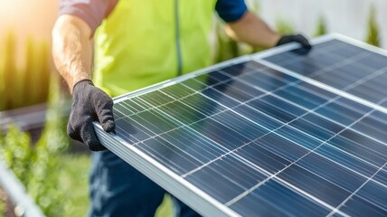 A man in a green vest is holding a solar panel