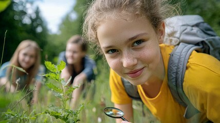 Poster - A girl is looking at a flower with a magnifying glass