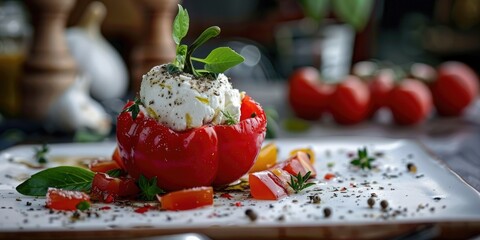 Sticker - Stylishly served red bell pepper with salted goat cheese is a timeless delicacy.