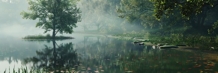 Wall Mural - Misty Morning Lake with Green Trees Illustration