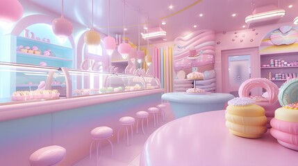 Wall Mural - Cute 3D pastel sweets in an abstract cake shop AI generated illustration