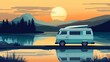 © Coffee Cafe Lover - Serene Sunset Camper Van by Peaceful Lake - Flat Design Illustration