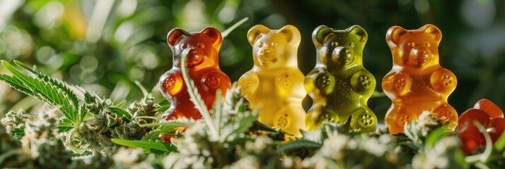 Poster - Close-up of vibrant gummy bears infused with cannabis, showcasing colorful marijuana-infused jelly candy, perfect for recreational enjoyment.