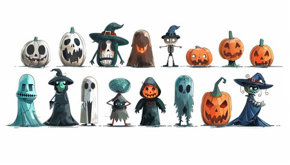 Wall Mural - Cute Spooky Set of Halloween Monsters and Characters in Cartoon Style - Digital Art on White Background