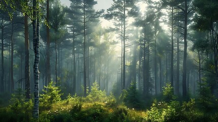 Sticker - A serene forest scene with mist and sunlight filtering through trees.