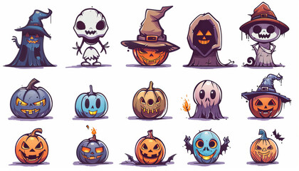 Wall Mural - Cute Spooky Set of Halloween Monsters and Characters in Cartoon Style - Digital Art on White Background