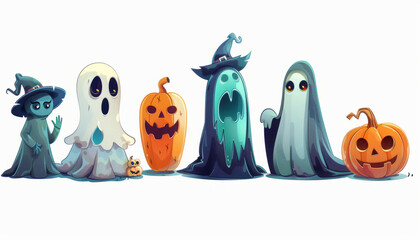 Wall Mural - Cute Spooky Set of Halloween Monsters and Characters in Cartoon Style - Digital Art on White Background