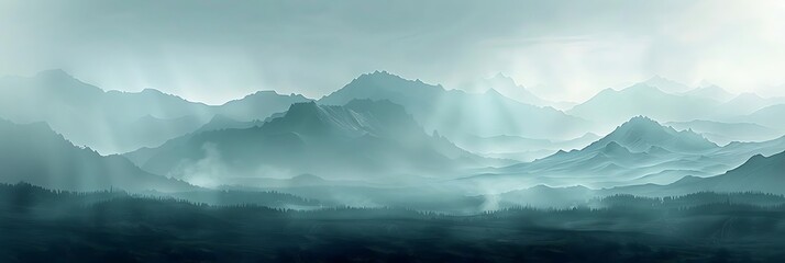 Canvas Print - A serene landscape featuring misty mountains and soft light creating a tranquil atmosphere.