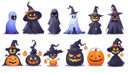 Wall Mural - Cute Spooky Set of Halloween Monsters and Characters in Cartoon Style - Digital Art on White Background