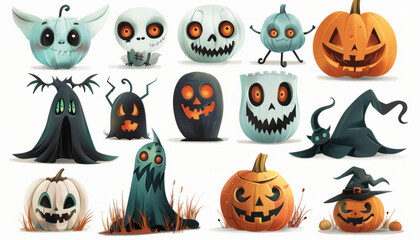 Wall Mural - Cute Spooky Set of Halloween Monsters and Characters in Cartoon Style - Digital Art on White Background