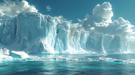 Sticker - A breathtaking icy landscape with towering ice formations and serene waters under a blue sky.