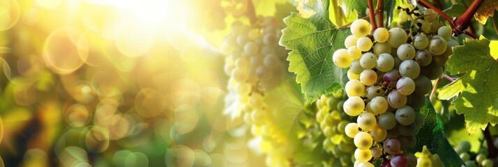 Sticker - Bunch of white grapes with green leaves growing on a vine in a vineyard.