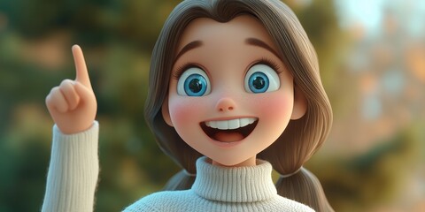 Poster - Happy 3D Cartoon Girl with Brown Hair and Blue Eyes in Turtleneck Sweater Excitedly Pointing Up with a Great Idea Number One