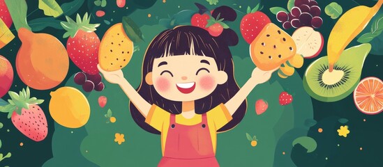 Wall Mural - Happy cartoon girl with colorful fruit