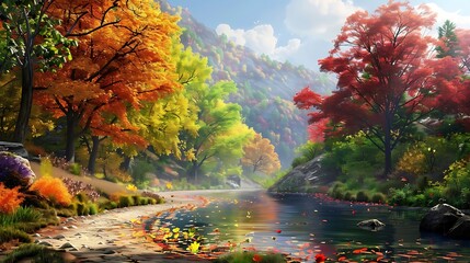 Sticker - A serene river scene surrounded by vibrant autumn foliage and mountains.