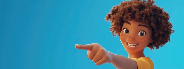 Wall Mural - Happy curly haired character pointing at you against a bright blue background