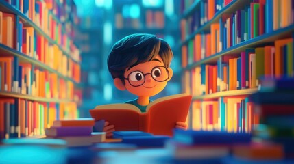 Joyful animated student character studying in a colorful library