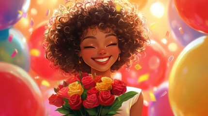 Wall Mural - Joyful cartoon character with curly hair receiving a vibrant bouquet of roses and smiling surrounded by colorful party balloons bright red backdrop