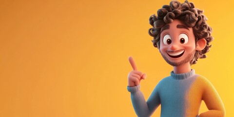 Wall Mural - Puzzled cartoon guy with curly hair pointing to the side on a bright background