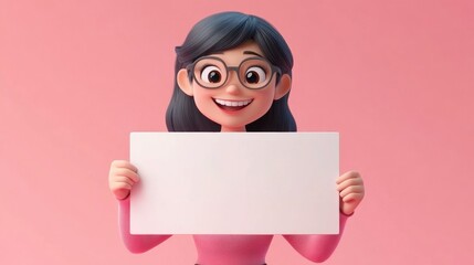 Wall Mural - Stylish 3D cartoon Asian woman cheerfully holding a blank white sign