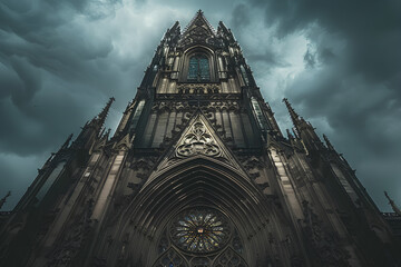 Towering Gothic Cathedral Under Stormy Skies