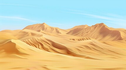 A vast desert landscape with rolling sand dunes under a clear blue sky.