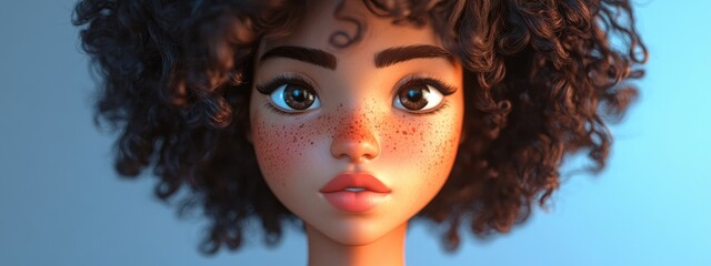 Poster - Stylish short haired 3D cartoon woman with curly hair and freckles featuring a vibrant brown makeup