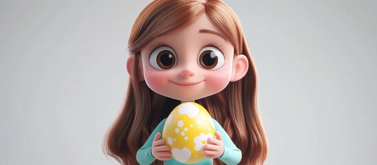 Wall Mural - The 3D cartoon character girl holding an Easter egg in her hands