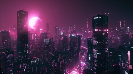 Sticker - Neon Cityscape under a Pink Moon