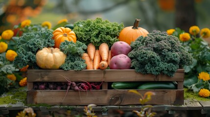 Sticker - Bountiful Harvest Display Featuring Fresh Vegetables and Pumpkins in Autumn Garden