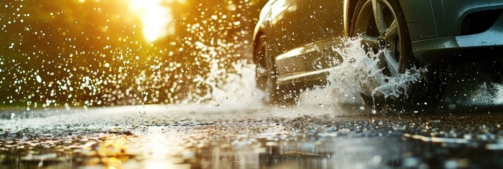 Poster - Rainwater splashes are propelled from the wheels of a gray car as it speeds along an asphalt road.