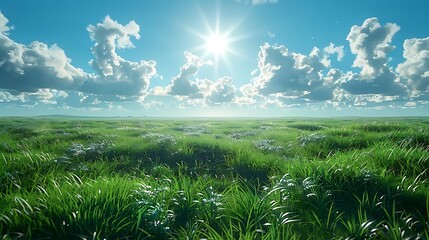 Wall Mural - A serene landscape with lush green grass under a bright blue sky and fluffy clouds.