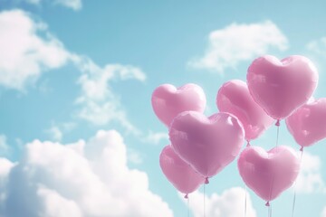 Valentine's day background with pink heart shaped balloons and clouds. Beautiful colorful valentine day heart in the clouds as abstract background with generative ai