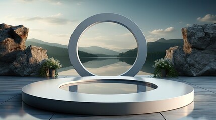 Sticker - 3d circle podium product stand or display with sky and Water background and cinematic light