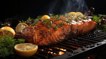 Poster - Delicious grilled salmon with vegetable topping, black and blurred background