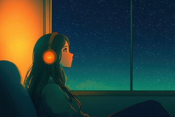 An anime girl sits in her cozy room, wearing headphones, gazing out at a starry night sky. The moonlight softly illuminates her face, while the room glows with warm, dim lighting. The window offers a 