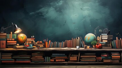 Wall Mural - pile of books, stationery and apples on a wooden table with a minimalist background