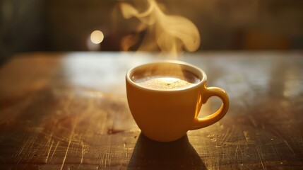 Wall Mural - A steaming cup of coffee on a wooden table.