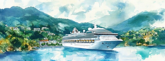 Watercolor illustration of a cruise liner in a scenic bay