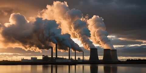 Industrial power plant with thick CO2 smoke from chimney. Pollution and carbon dioxide emissions footprint from fossil fuel burning. Global warming cause and urban environment problem from factories (