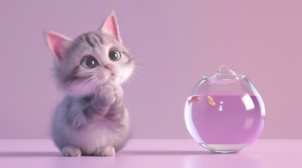 A cartoon kitten is sitting in front of a fishbowl with two goldfish swimming inside, on a pink background.