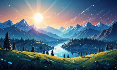 a low poly landscape using shades of blue, with light flares and bokeh effects to give the impression of a networked digital space