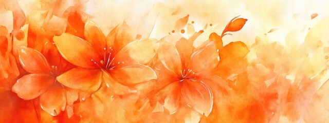 Watercolor illustration featuring an abstract floral background in shades of orange Close up view