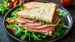 © Nuttaya Nampai - A tasty ham sandwich with garden-fresh salad and tomatoes, placed on a plate and captured from above. A perfect lunch option for those craving something fresh and satisfying.