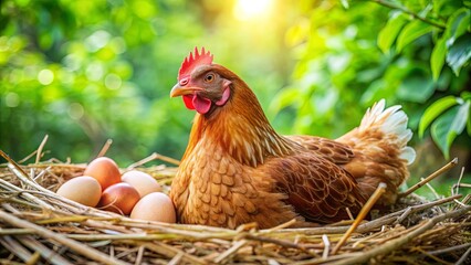 Free range hen peacefully laying eggs in a natural outdoor nest