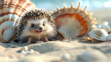 Wall Mural - A cartoon hedgehog is smiling next to seashells on a sandy beach.