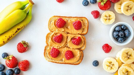 Wall Mural - A top-down view of peanut butter toasts on a light table, with fresh fruit like bananas and berries arranged around, creating a delicious breakfast scene.