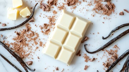 A white chocolate bar broken into pieces, surrounded by vanilla beans and cocoa butter, placed on a marble surface.