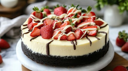 A white chocolate cheesecake topped with fresh strawberries and a drizzle of white chocolate sauce, ready to be served.