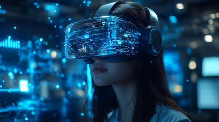 Woman wearing VR headset with blue digital display. Generative AI